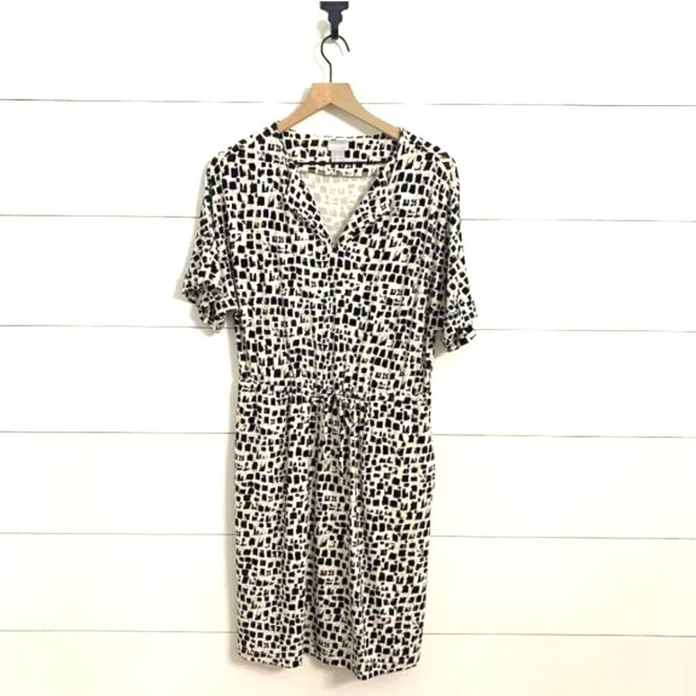 Chico's Abstract Print Stretchy Drawstring Waist Midi Dress w/Pockets, Size 8/10